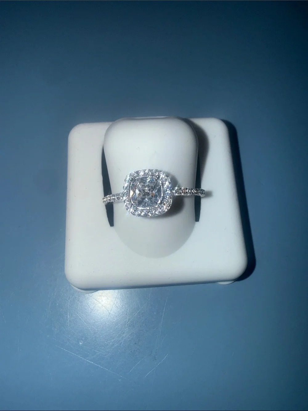 Classic Cushion Halo Silver Spinel Ring in White Gold Tone
